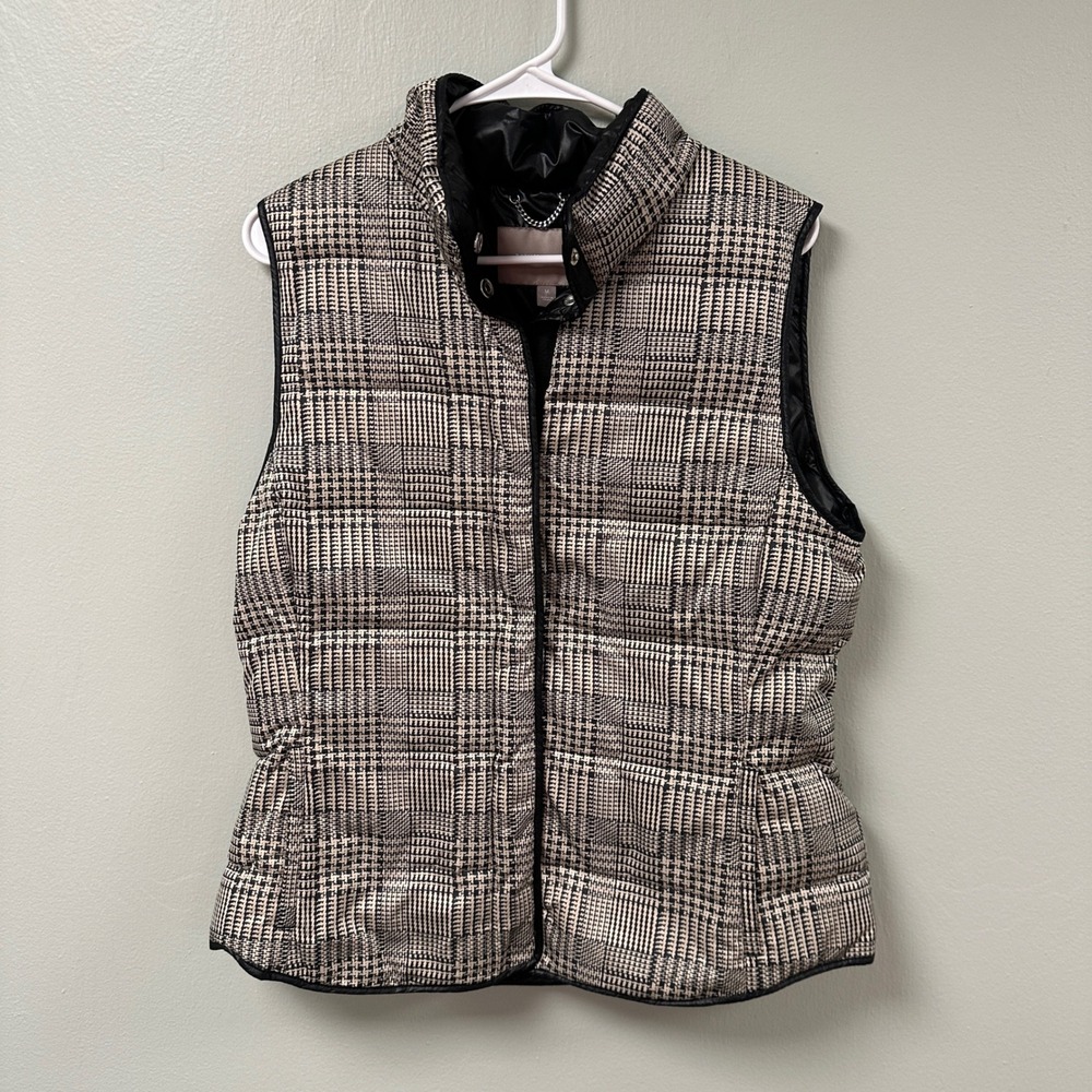 Banana Republic Womens Glen Plaid Puffer Vest Tan Black Sleeveless Quilted M